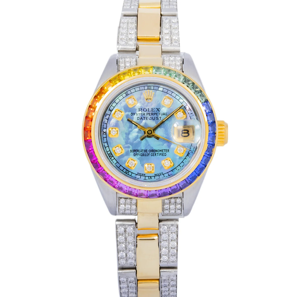 Rolex Datejust 6919 26mm – Blue Mother-of-Pearl Diamond Dial | Rainbow Bezel | Semi-Iced Oyster Bracelet