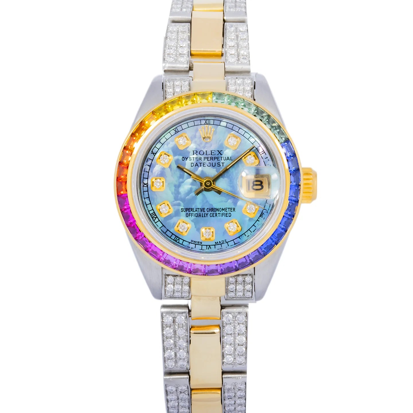 Rolex Datejust 6919 26mm – Blue Mother-of-Pearl Diamond Dial | Rainbow Bezel | Semi-Iced Oyster Bracelet