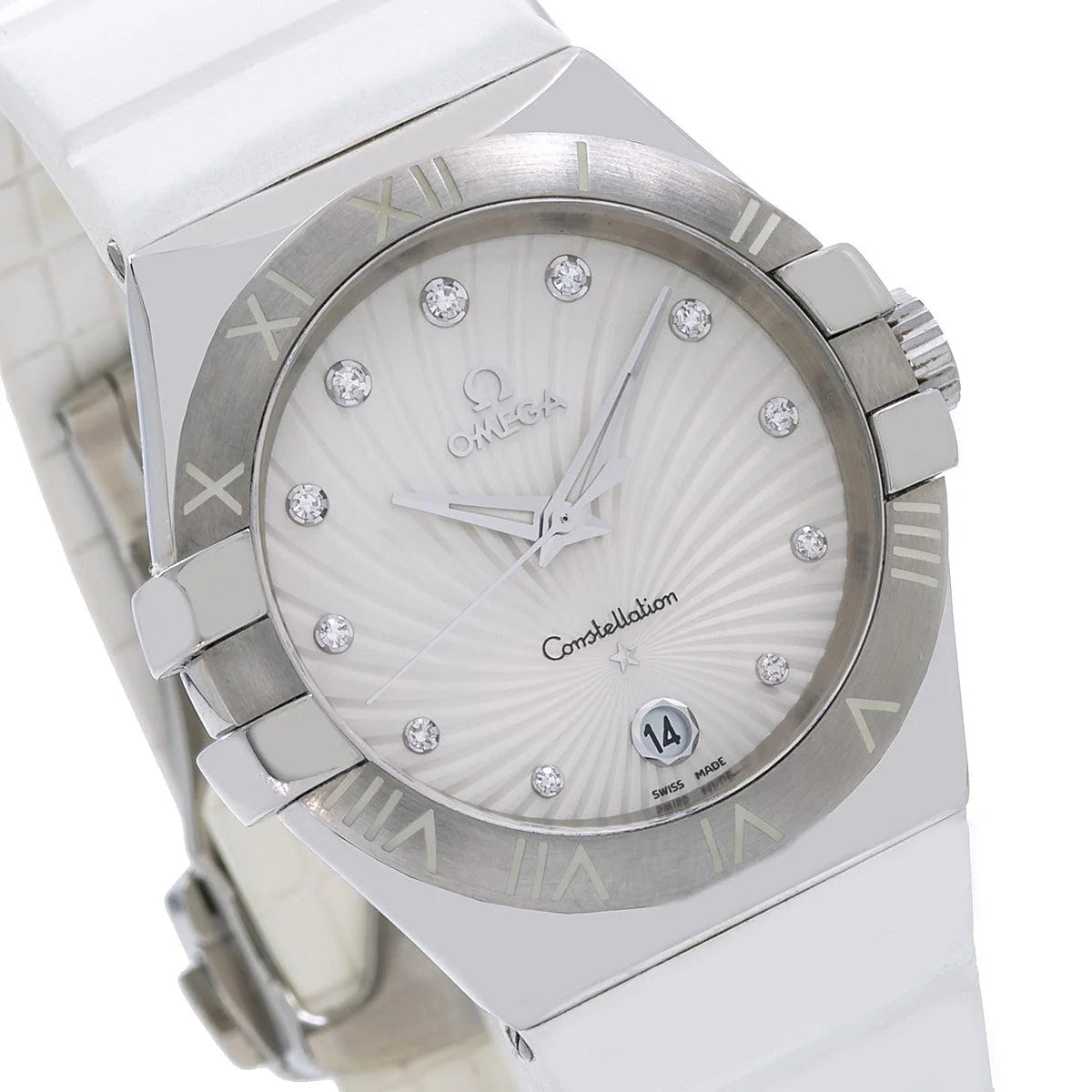 OMEGA Constellation Quartz 123.13.35.60.52.001 – 35MM Silver Dial with Diamond Markers & White Rubber Strap
