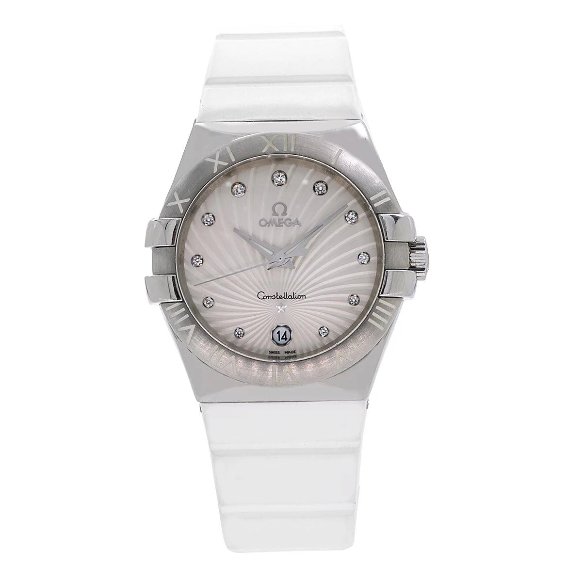 OMEGA Constellation Quartz 123.13.35.60.52.001 – 35MM Silver Dial with Diamond Markers & White Rubber Strap
