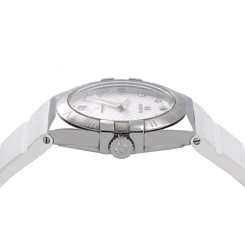 OMEGA Constellation Quartz 123.13.35.60.52.001 – 35MM Silver Dial with Diamond Markers & White Rubber Strap