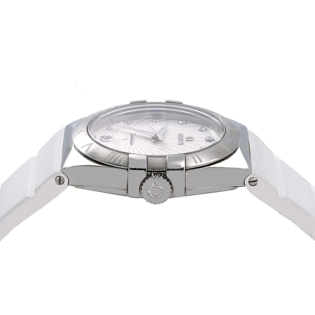 OMEGA Constellation Quartz 123.13.35.60.52.001 – 35MM Silver Dial with Diamond Markers & White Rubber Strap