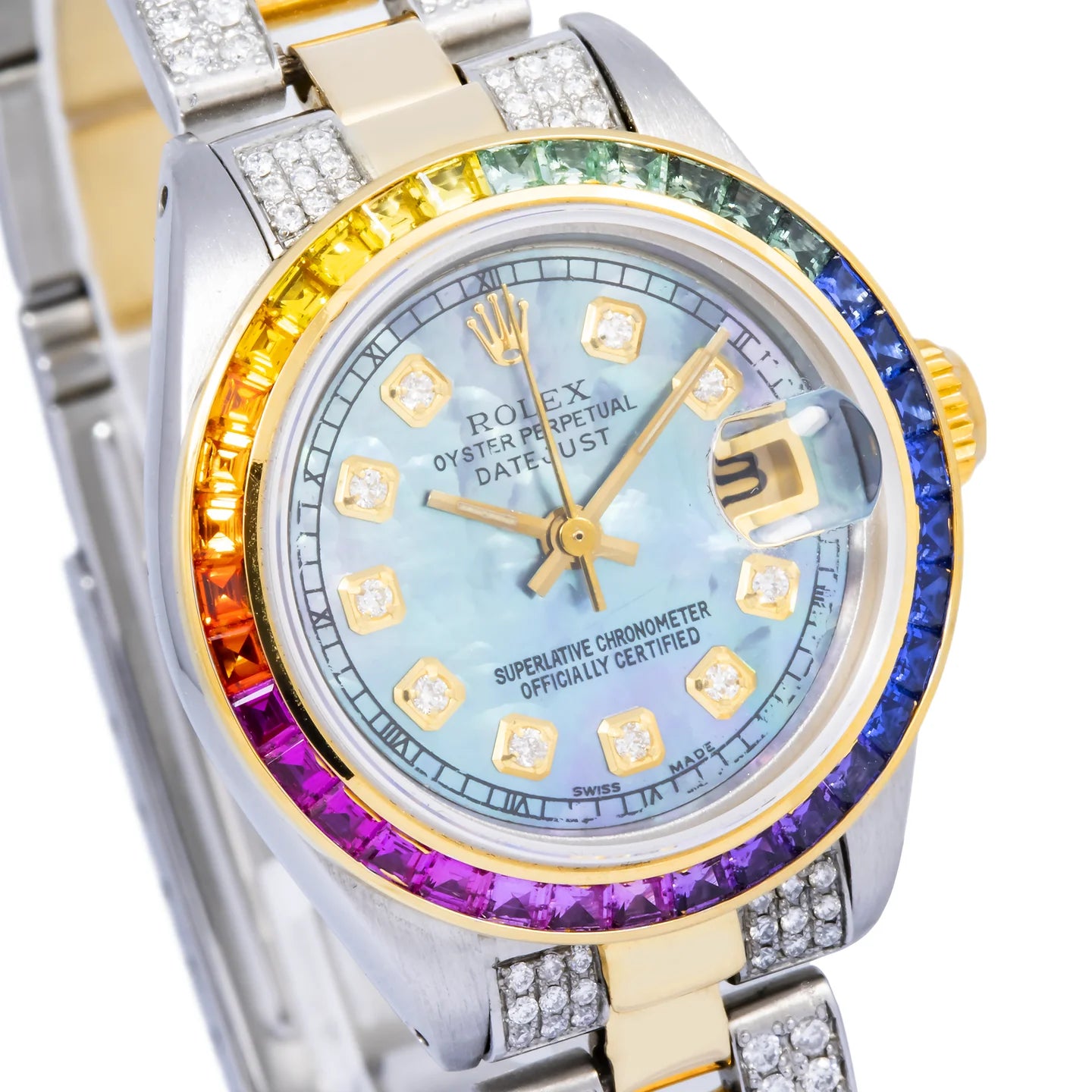 Rolex Datejust 6919 26mm – Blue Mother-of-Pearl Diamond Dial | Rainbow Bezel | Semi-Iced Oyster Bracelet