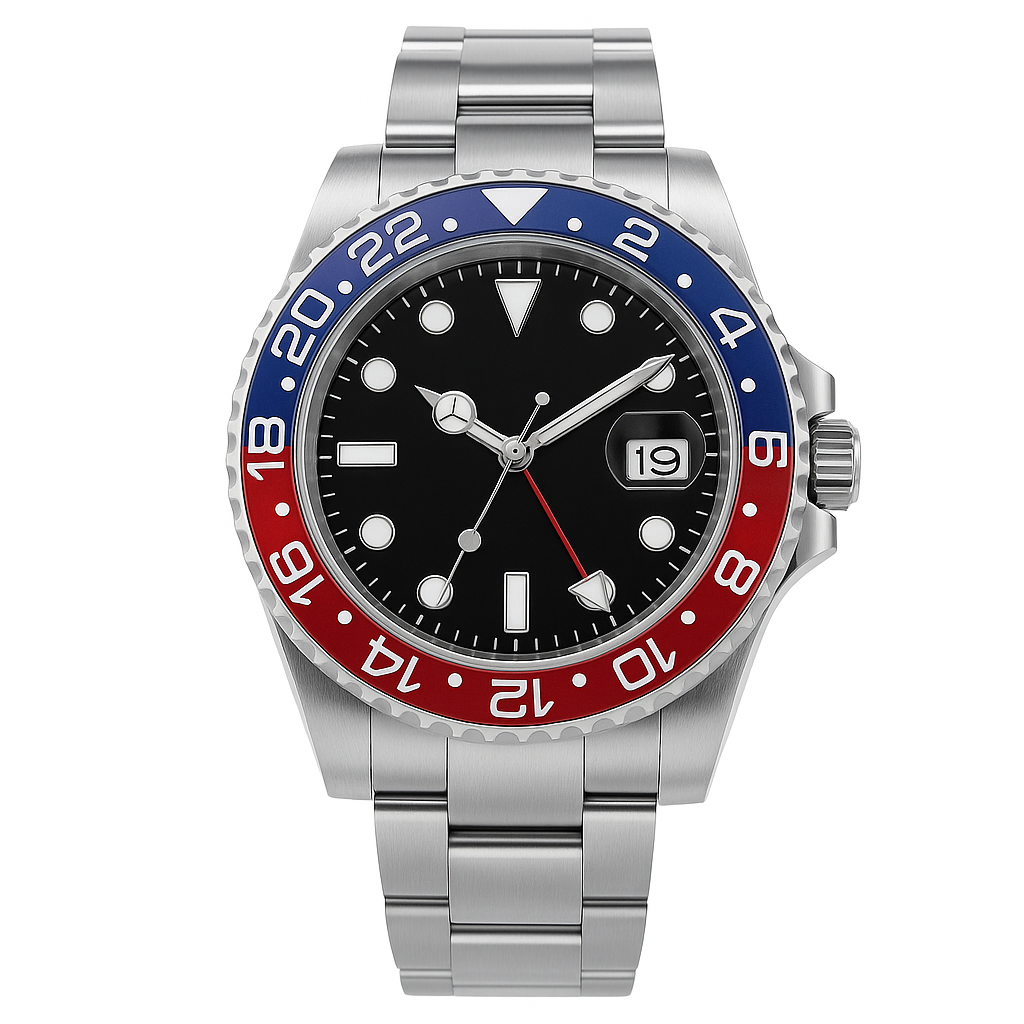 Stainless Steel GMT Watch – Red & Blue 24-Hour Bezel with Swiss Movement