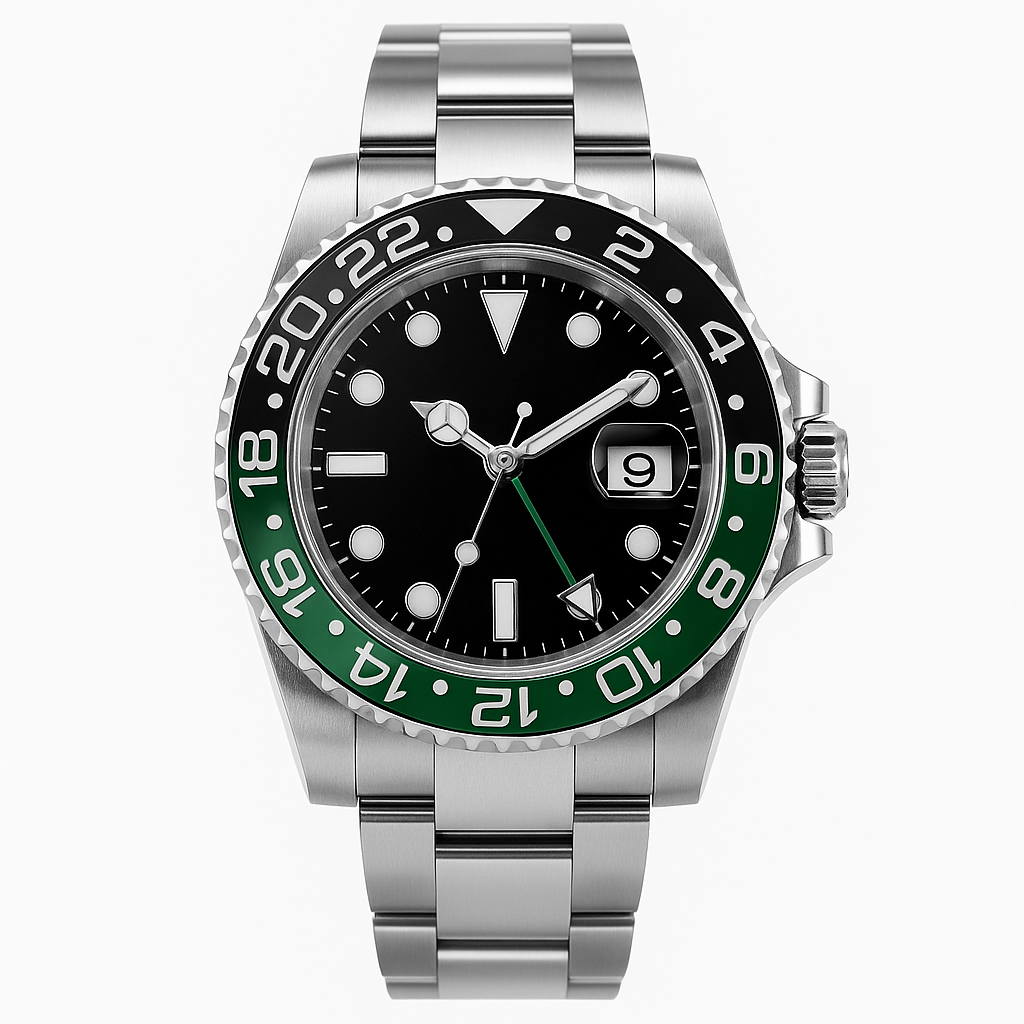Stainless Steel GMT Watch – Green & Black 24-Hour Bezel with Swiss Automatic Movement
