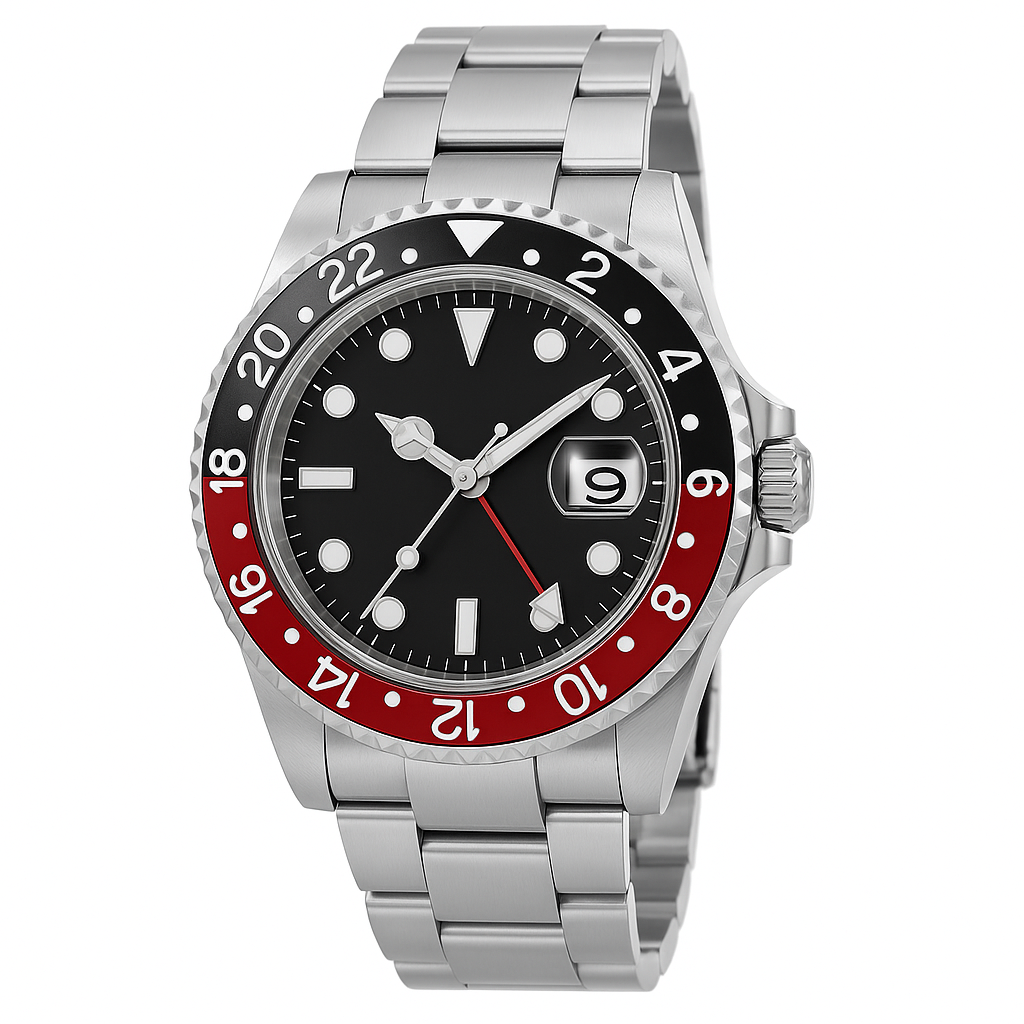 Stainless Steel GMT Watch – Red & Black Bezel with Swiss Automatic Movement