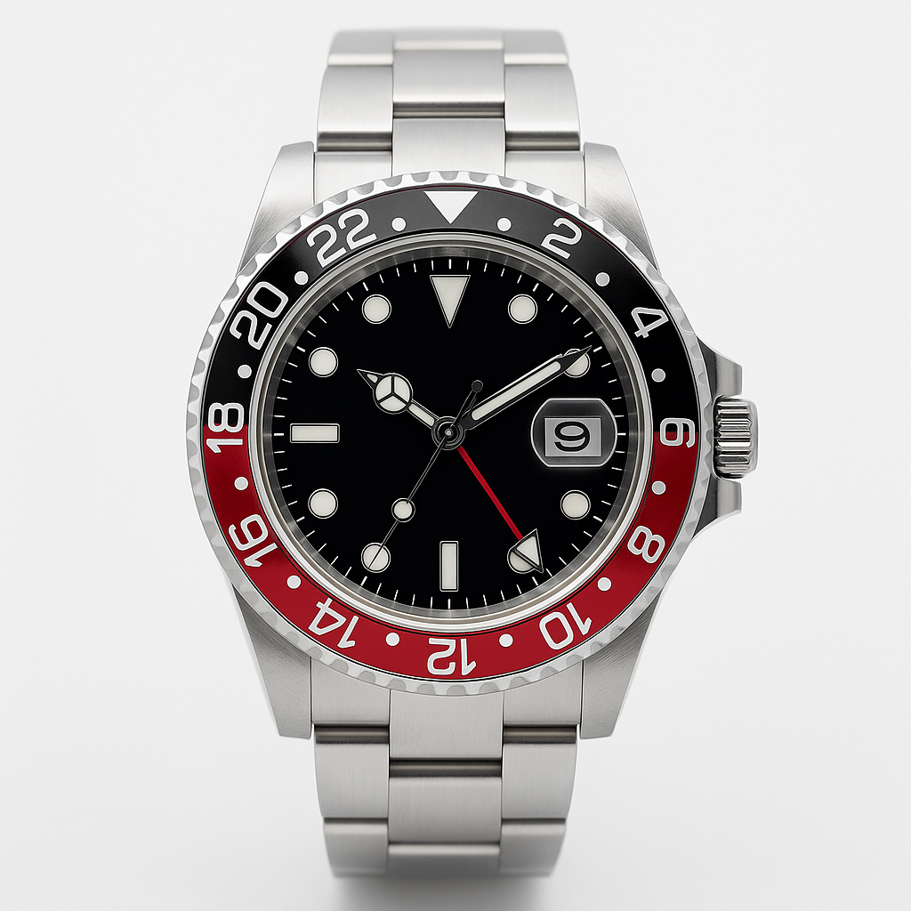 Stainless Steel GMT Watch – Red & Black Bezel with Swiss Automatic Movement