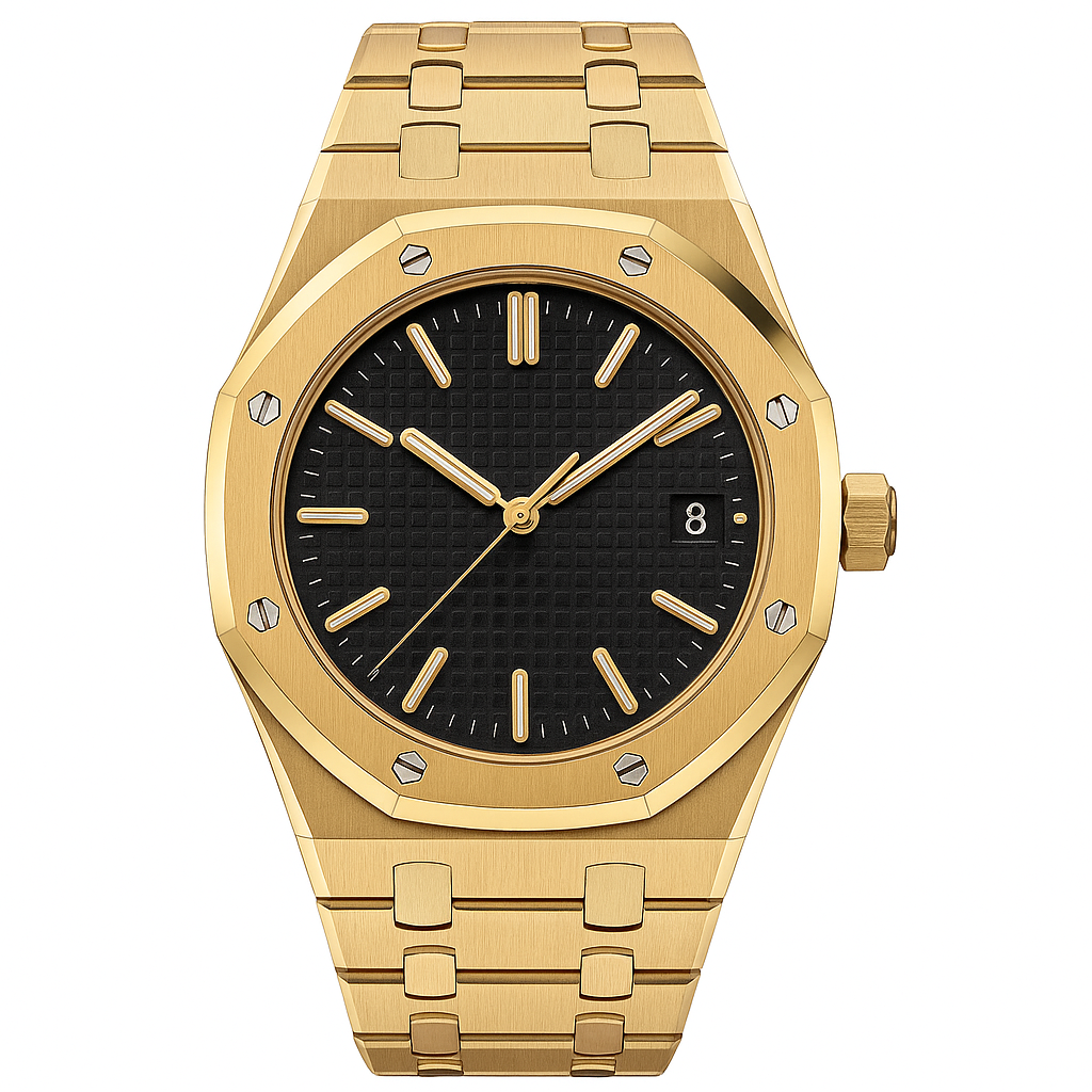 Gold-Tone Stainless Steel Luxury Watch – Black Textured Dial with Integrated Bracelet
