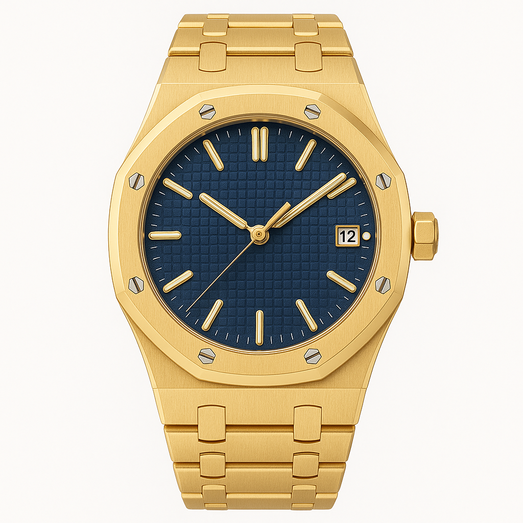 Gold Toned Stainless Steel Luxury Sport Watch – Blue Textured Dial